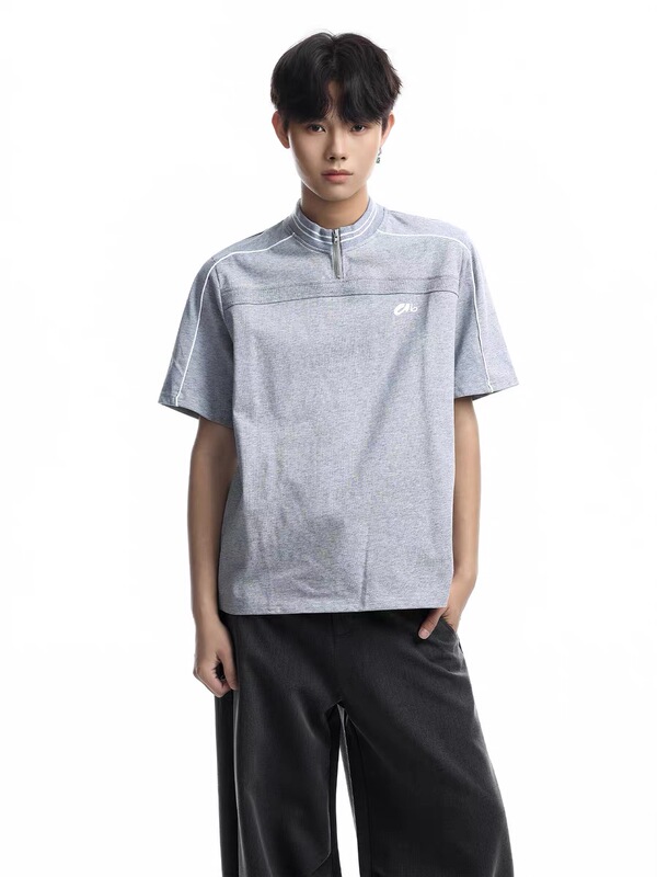 Abcbufut American Street Style Half-Zip Short-Sleeved T-Shirt for Men and Women, Loose Fit with Visible Stitching Design, Sporty Top