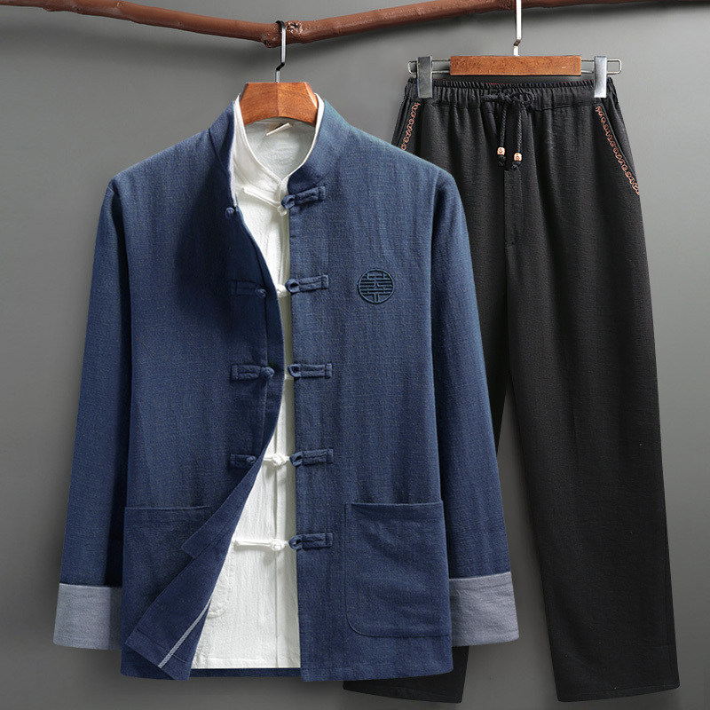 Chinese Style Tang Suit Men's Set Cotton and Linen Spring and Autumn Middle-Aged and Elderly Father's Jacket Retro Chinese Three-Piece Set with Button Fasteners Hanfu Chinese Style Tang Suit Men's Set Cotton and Linen Spring and Autumn Middle-Aged and Elderly Father's Jacket Retro Chinese Three-Piece Set with Button Fasteners Hanfu