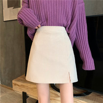 Light Core Suede Half Body Skirt Woman Autumn Winter 2023 New Retro Open Fork High Waist Display Slim a character Hip Fashion Short Skirt