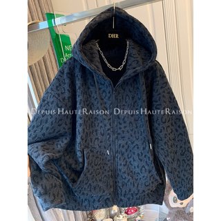 Chaqueta sudadera con capucha de terciopelo grueso con cremallera informal con estampado de leopardo único para hombres y mujeres top grande suelto de otoño e invierno para mujeres