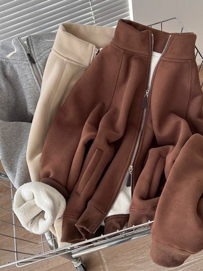 Winter Little Heater! Thickened Lamb Fleece Stand-Up Collar Sweatshirt for Women, Warm and Versatile, Casual Double-Zip Cardigan Jacket, Trendy