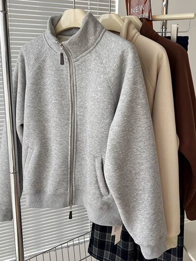 Winter Little Heater! Thickened Lamb Fleece Stand-Up Collar Sweatshirt for Women, Warm and Versatile, Casual Double-Zip Cardigan Jacket, Trendy