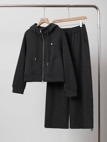 Very Stylish Women's Sportswear Set 2025 Korean Style Complete Set for Late Winter Wear, Thickened and Warm Wide-Leg Pants Two-Piece Set