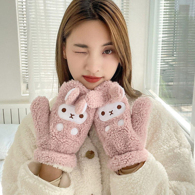 Lamb velvet cartoon gloves winter plus velvet new niche male and female students with mittens for cycling to keep warm and cold-proof couples - Taobao