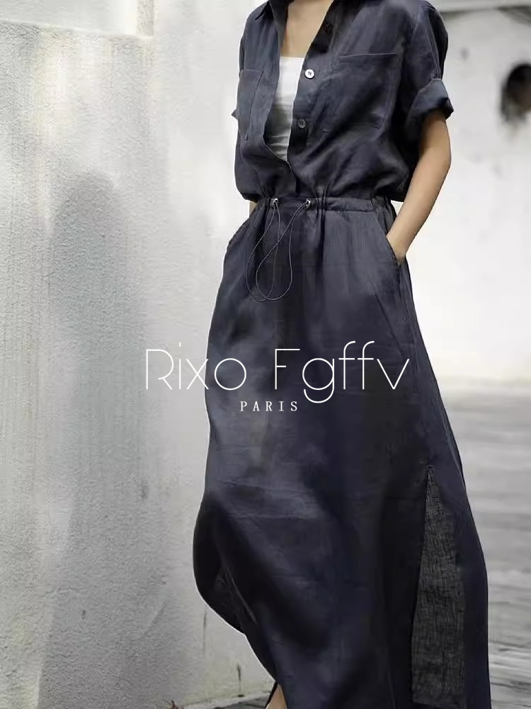 Rixo Fgffv French high-end cold style long skirt for women, high-end retro waist linen dress for women