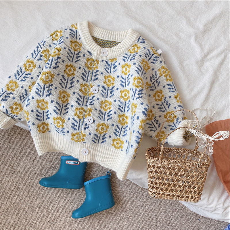 Girls sweater cardigan autumn and winter 2021 new western style fashion Korean version children's baby flower knitted sweater jacket