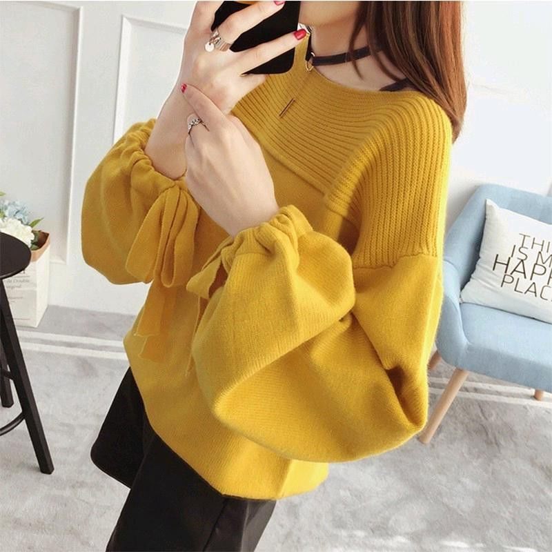 2021 New Fashion Short Lantern Sleeves Super Fire Sweater Women's Pullover Korean Version Loose Knitwear Retro Wind Tops