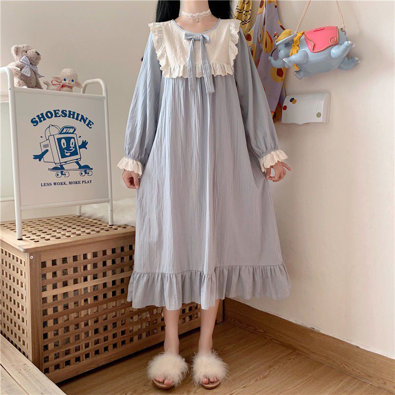 Skirt spring and autumn women's 2021 new Japanese design sweet lace age-reducing nightdress long-sleeved home wear