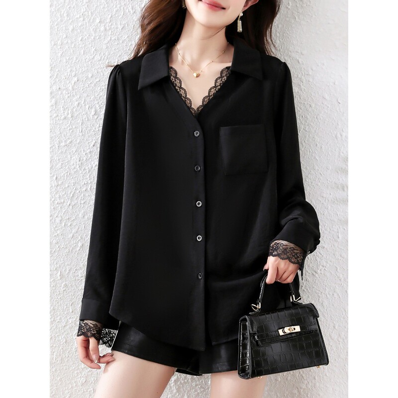 September Momo Plus Size Women's Black V-Neck Lace Patchwork Long Sleeve Shirt Women's Early Spring New Loose Top