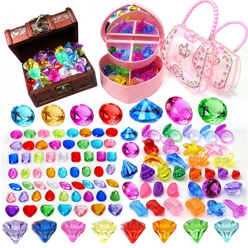 Children's gem toy diamond crystal seven color acrylic plastic toy gem princess girl treasure chest box