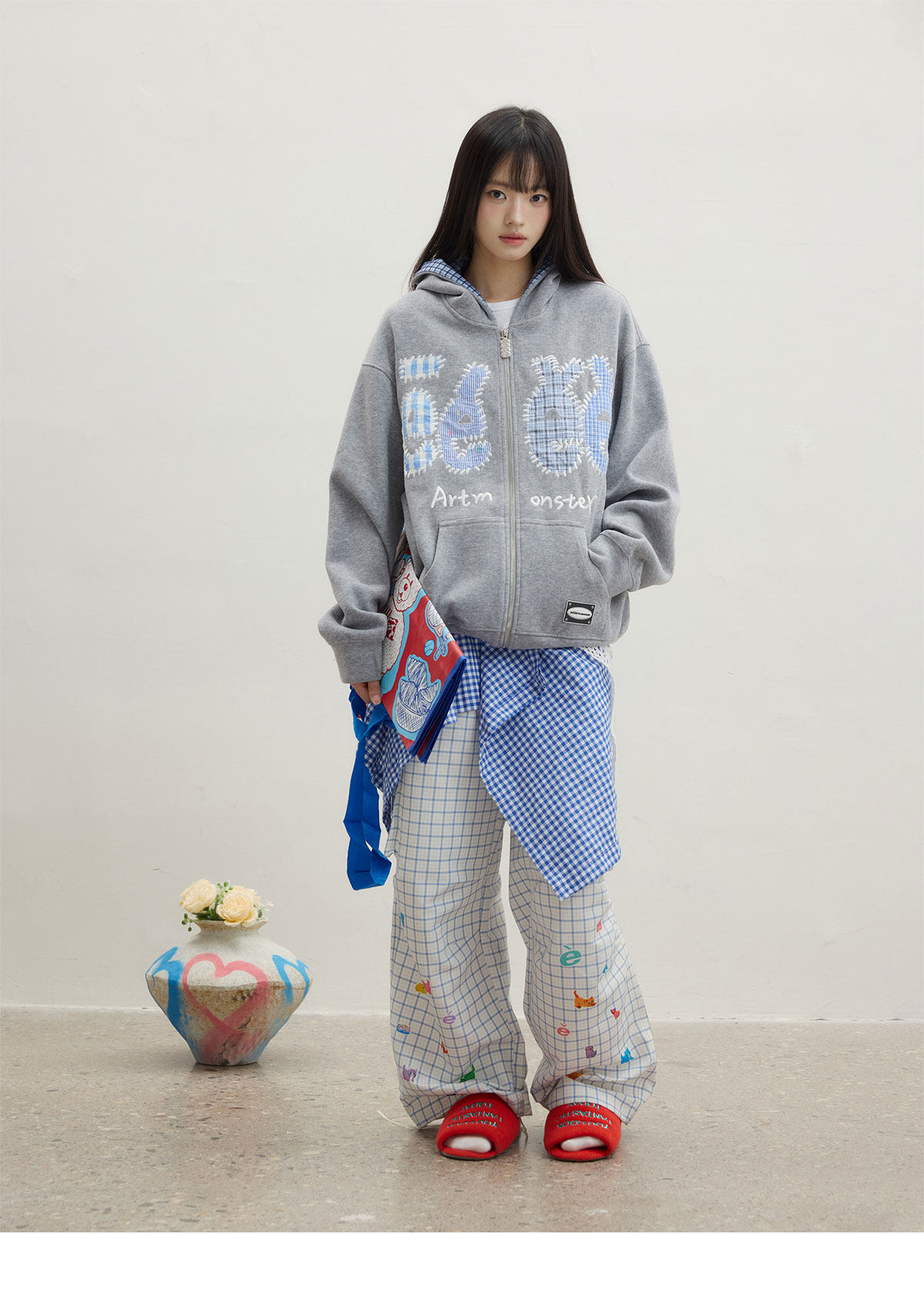 eeeeArtmonster Plaid Patch Embroidered Hoodie