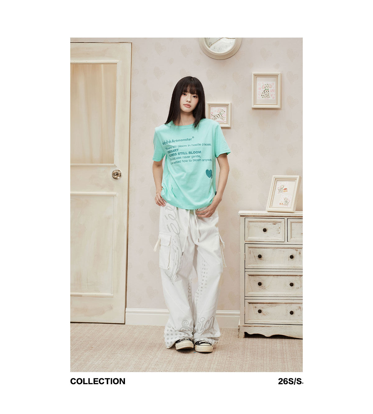 eeeeArtmonster Mint Heart Print Loose Tee