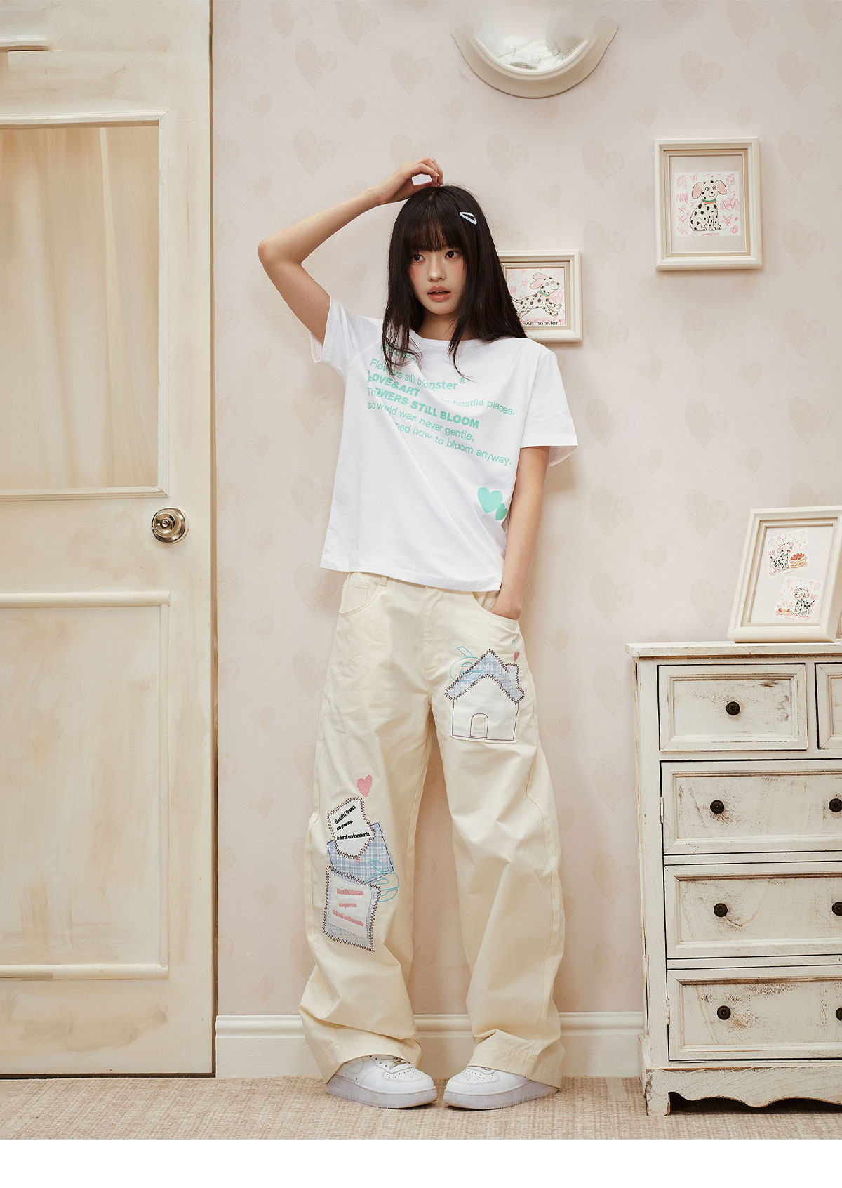 eeeeArtmonster Mint Heart Print Loose Tee
