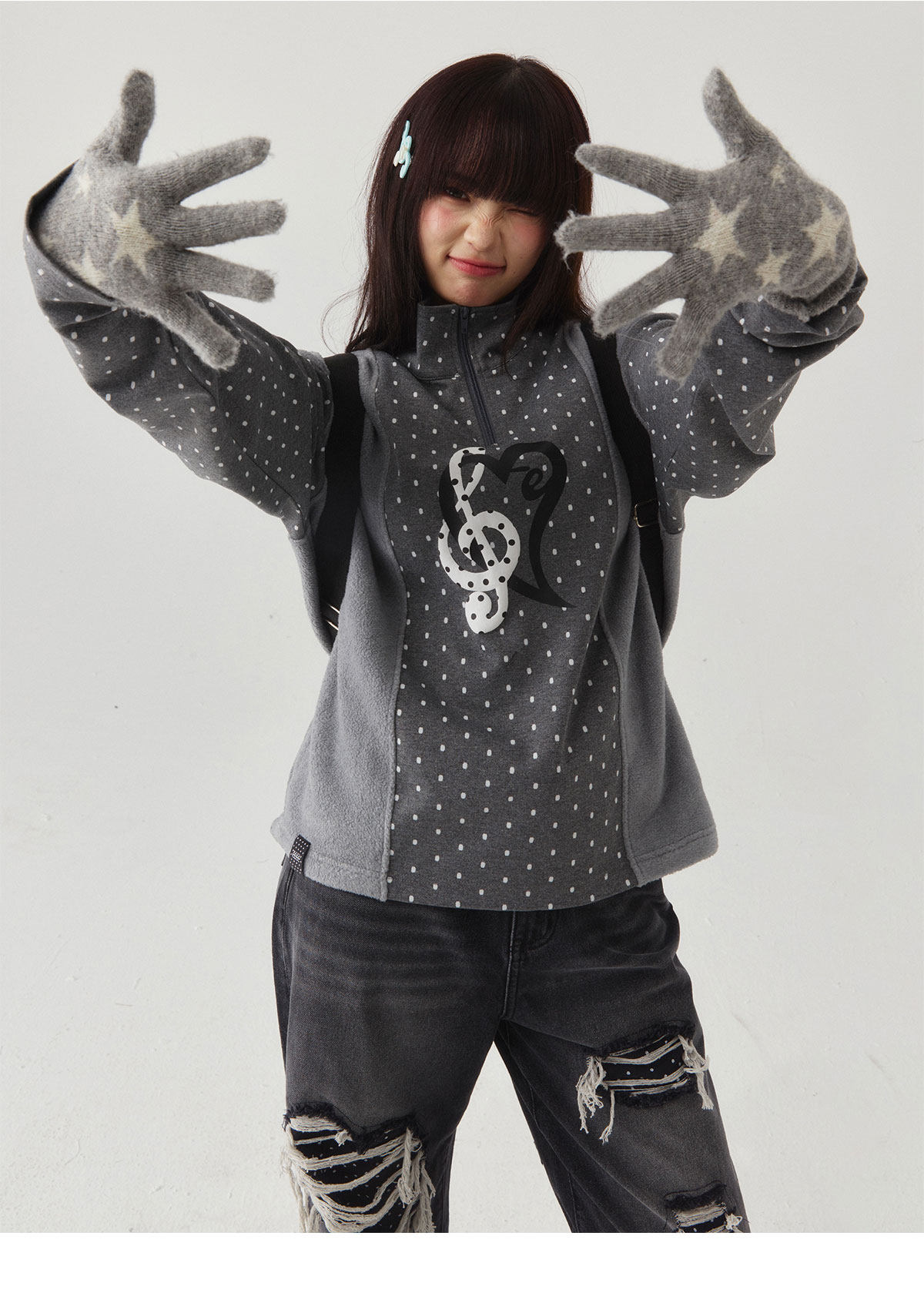 eeeeArtmonster Polka Dot Half-Zip Long-Sleeve Top