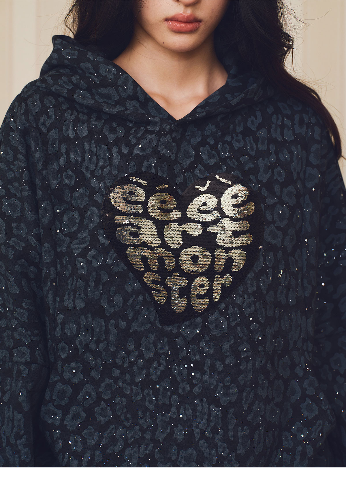 eeeeArtmonster Cat Ear Leopard Sequin Hoodie