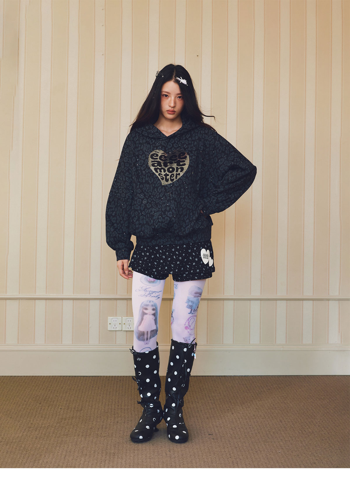 eeeeArtmonster Cat Ear Leopard Sequin Hoodie