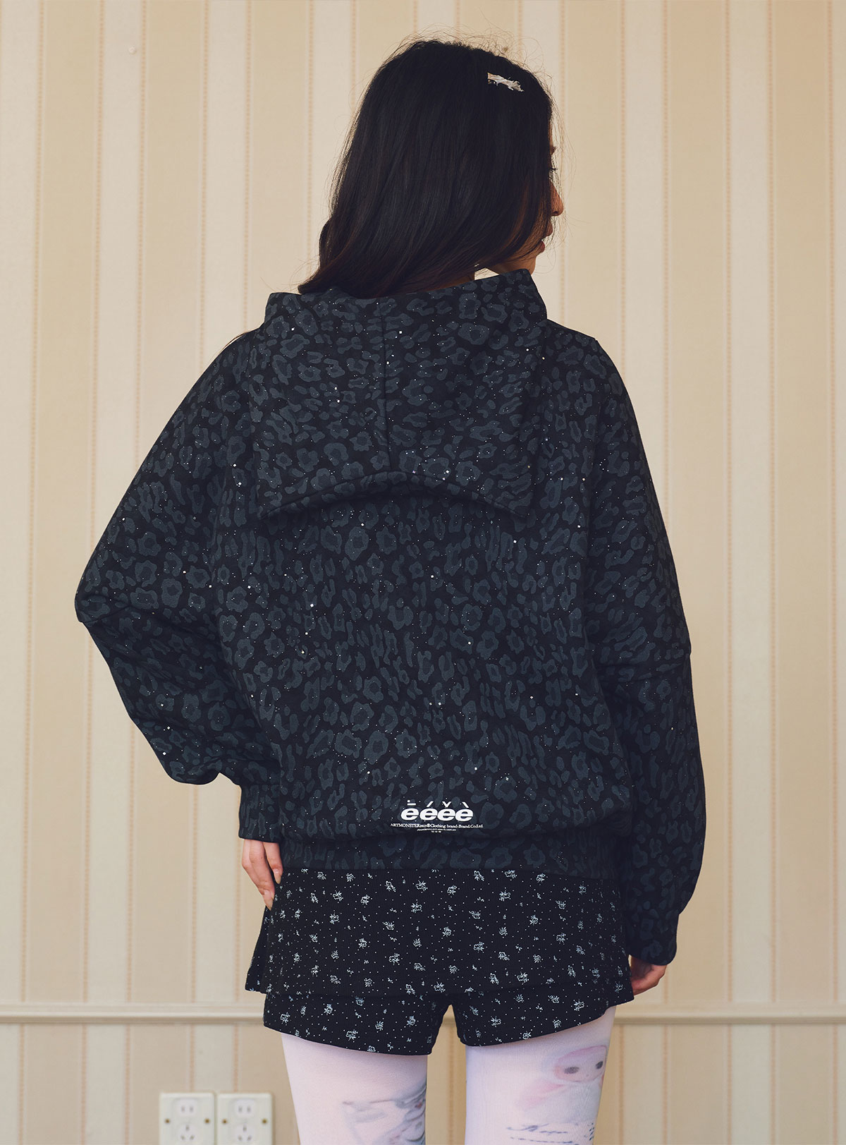 eeeeArtmonster Cat Ear Leopard Sequin Hoodie