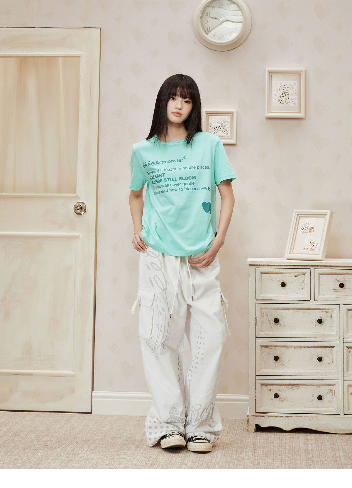 eeeeArtmonster Mint Heart Print Loose Tee