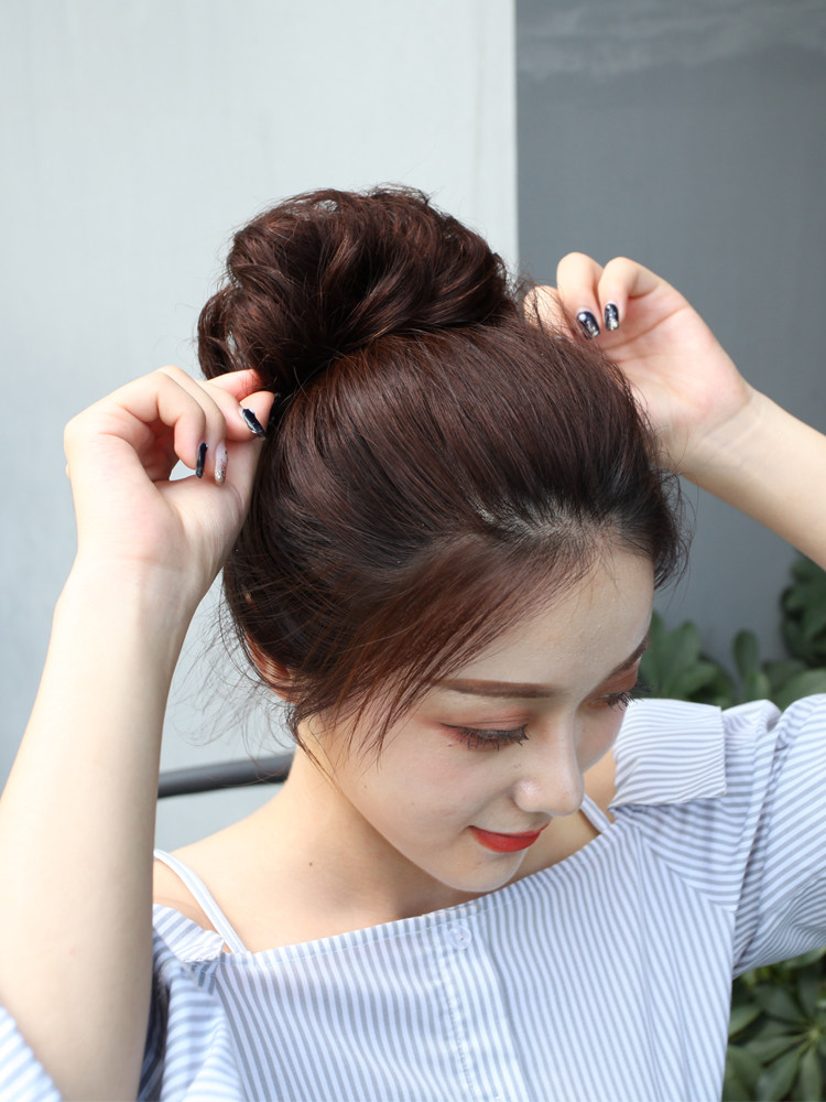 Real hair wig ring Messy false head flower fluffy natural wig flower bud headdress curly hair ring coiled hairball hair