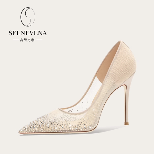 Selnevena High Heels Women's 2026 New Style Rhinestone Mesh Gradient Single Shoes He Xiu Wedding Dress Two-Wear Bridal Shoes