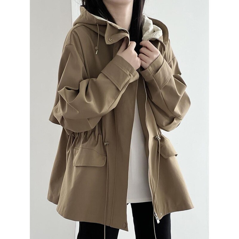 Hong Kong British Style Khaki Hooded Trench Coat for Women, Autumn and Winter Thickened Coat, Casual Loose Parka, Trendy