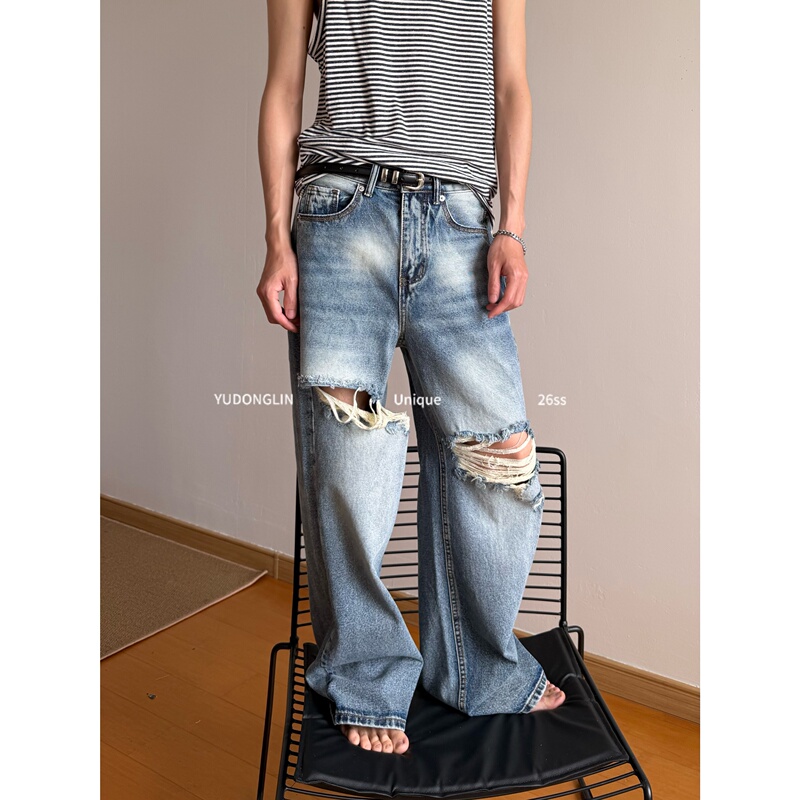 Yudonglin Retro Hong Kong Style Washed Straight Ripped Jeans for Men and Women, Loose Casual Distressed Fashionable Long Pants Yudonglin Retro Hong Kong Style Washed Straight Ripped Jeans for Men and Women, Loose Casual Distressed Fashionable Long Pants