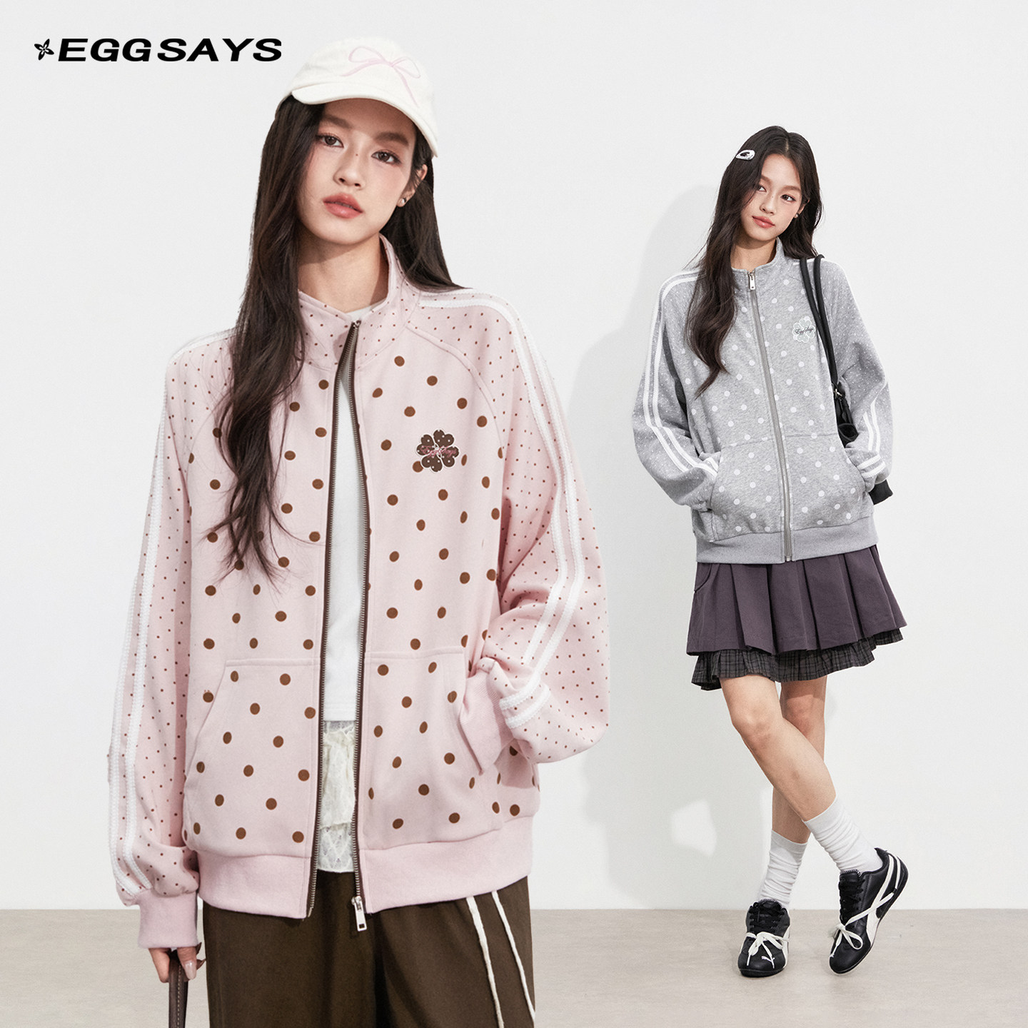 Eggsays Autumn Cardigan Women's Korean Style Polka Dot Stand Collar Loose Sports Jacket Top Casual Sweatshirt Coat