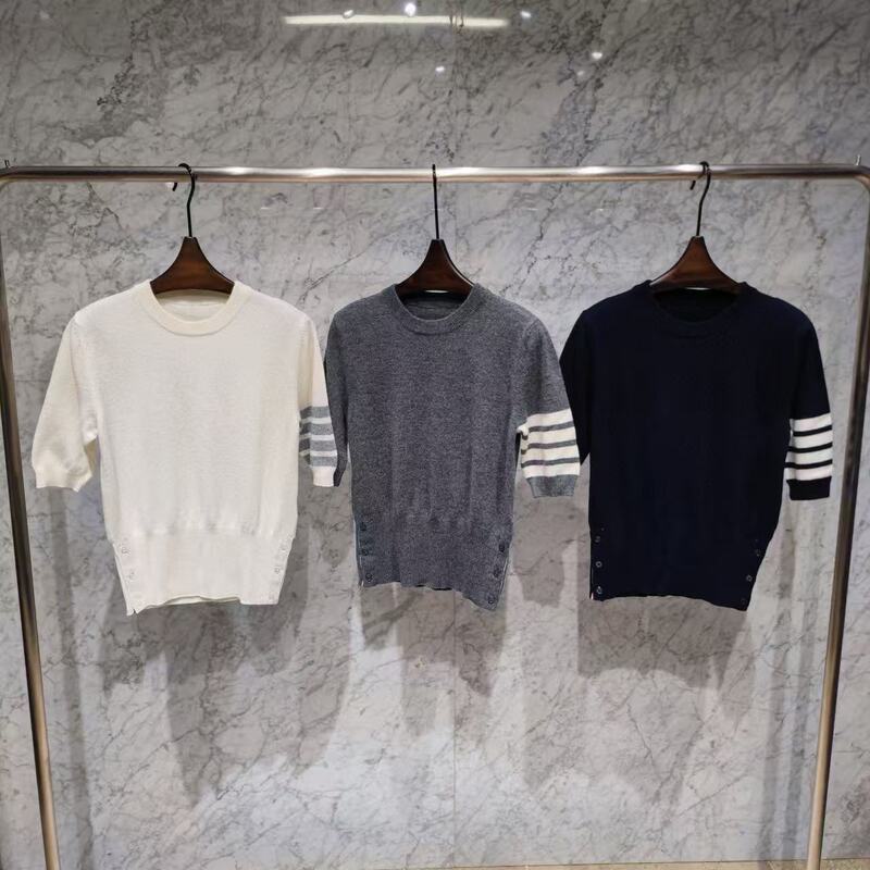 Thhb Tb Four-Bar Summer Style Cashmere Round Neck Short-Sleeve Knit Sweater T-Shirt Slim Fit Short Versatile Wool Top Trendy