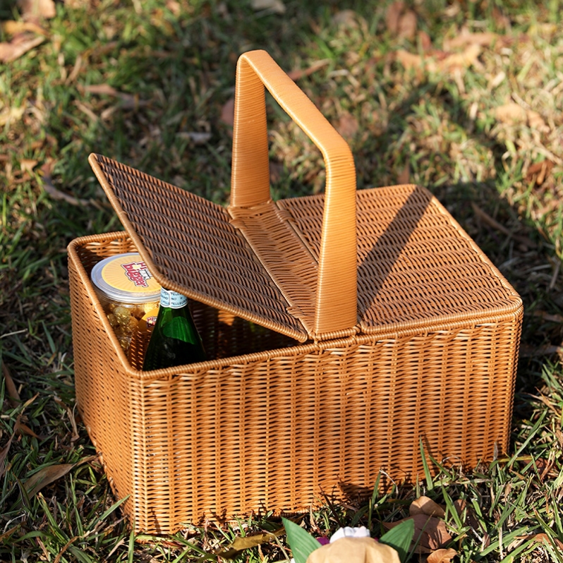 Outdoor picnic basket with lid imitation rattan shopping basket bold portable fruit basket shopping basket Internet celebrity shooting props - Taobao