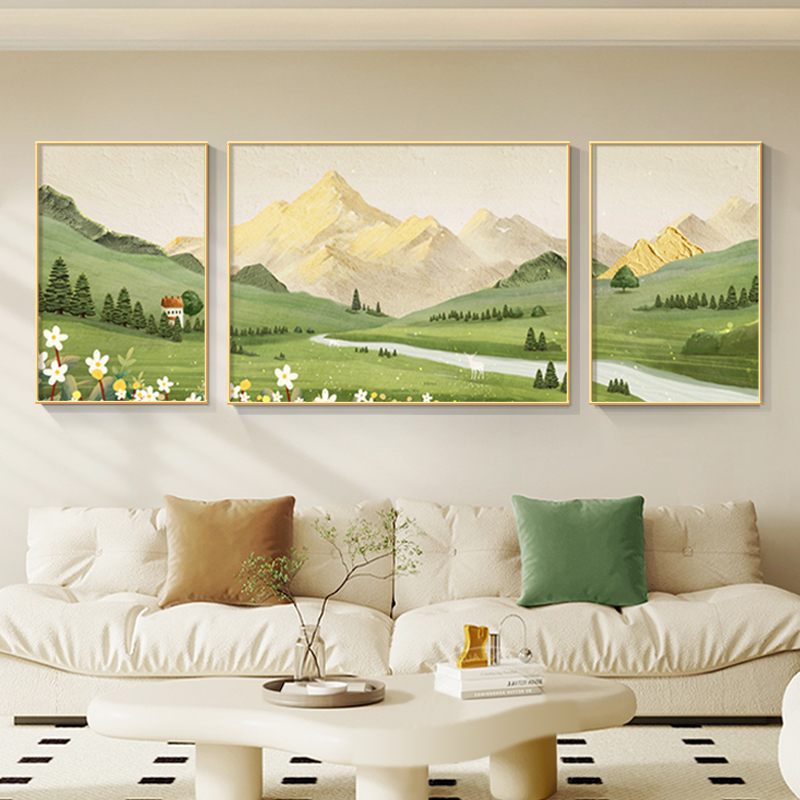 Zhizhao Jinshan pure diy hand-painted solid myography material mountain scenery back with mountain triptych decoration hanging painting-Taobao