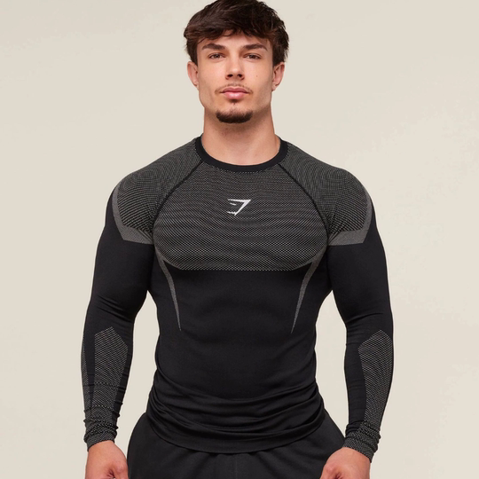 美式无缝休闲训练长袖健身衣男士运动跑步透气紧身显肌肉修身圆领
