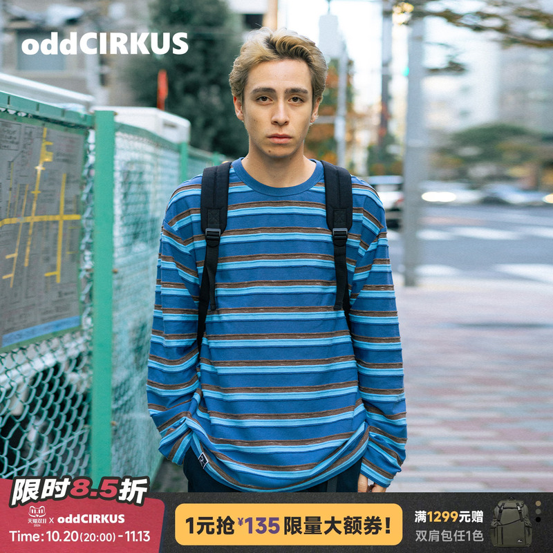 Oddcirkus Striped Long-Sleeve T-Shirt Japanese Street Style Loose Top with No Ribbed Cuffs and No Drawstring Oddcirkus Striped Long-Sleeve T-Shirt Japanese Street Style Loose Top with No Ribbed Cuffs and No Drawstring