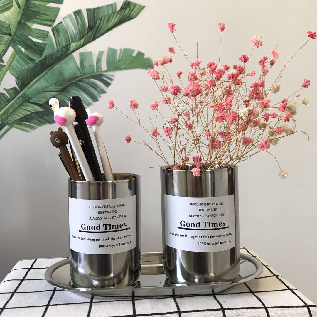 Multifunctional stainless steel pen holder student office desktop storage box female ins Nordic wind eyebrow pencil brush barrel