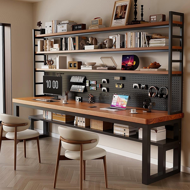 Desktop Solid Wood Computer Desk, Desk, Bookshelf, Integrated Study Table, Home Office Workbench, Double Student Writing Desk