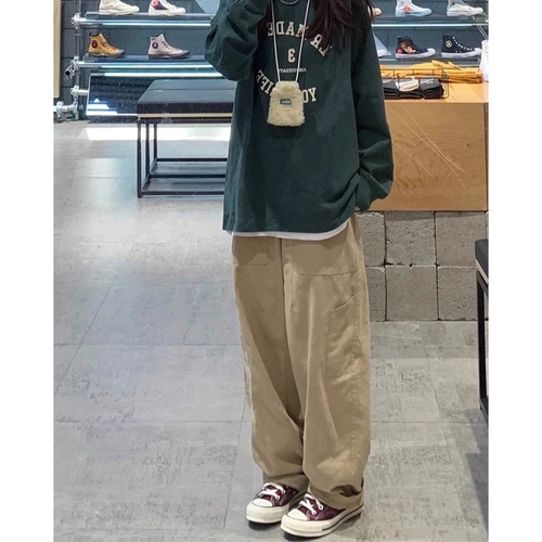 Хаки штаны для отдыха, для формы тела «груша», высокая талия, свободный прямой крой, большой размер