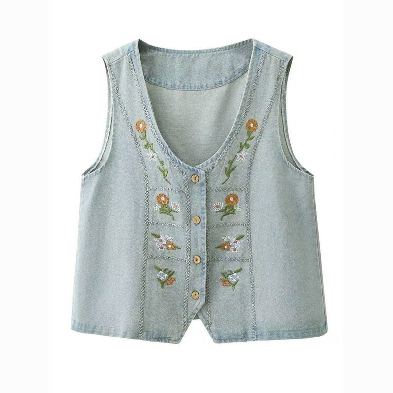 Forest-Style Vintage Embroidered Denim Vest Short Jacket for Women, Summer Age-Reducing Loose Layered Vest, Unique Sleeveless Top