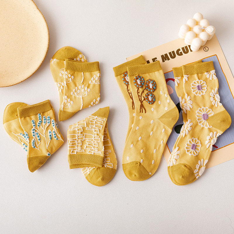 kiki little Terry socks women's mid-tube autumn and winter personality college style Japanese cute student high tube yellow cotton socks