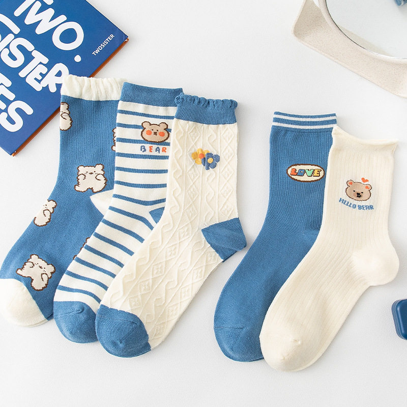 Kiki little Terri striped socks women's mid-tube socks summer thin section spring and autumn women's long socks bear ins tide cute
