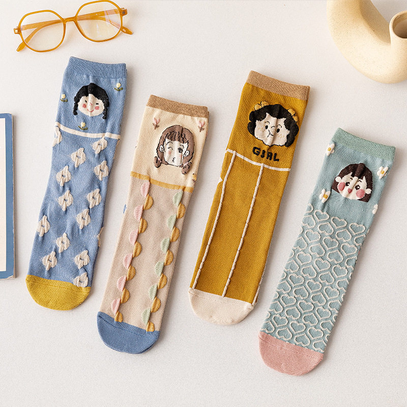 Kiki little Terry stockings for children autumn and winter mid-tube socks cartoon girl illustration long tube cute high tube cotton socks