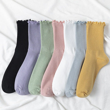 kiki Little Tri Summer female midbarrel socks slim Lovely Japanese Agaric Side Pile Socks Socks Pure cotton socks South Korea-Taobao