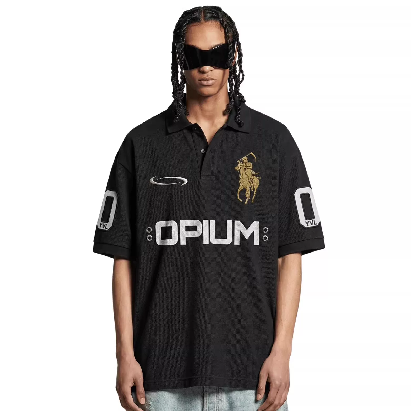 OPIUM 00 OVERSIZED POLO война лошадь вышитая перфорированная стиль YVL лацканы короткие рукава