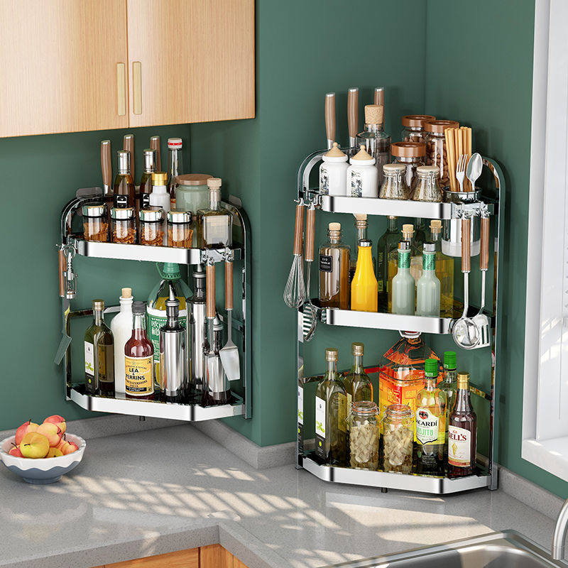 Kitchen Corner Racks Seasoning Condiment Shelve Shelf-Free Wall-mounted Tripod Tripod Table Face Corner Stainless Steel Containing shelf