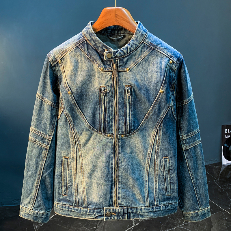 Lee Bradbury American Workwear Denim Jacket Men's Autum Vintage Stand-Up Collar Zipper Trendy Denim Jacket Lee Bradbury American Workwear Denim Jacket Men's Autum Vintage Stand-Up Collar Zipper Trendy Denim Jacket