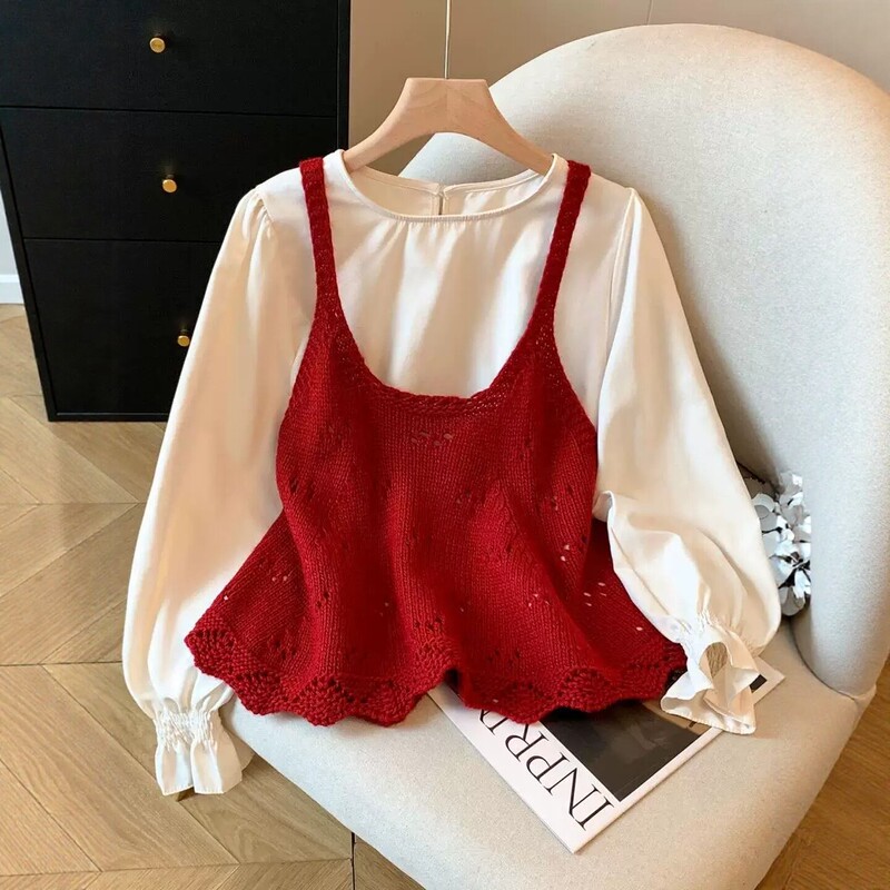 Sweet French-Style Long-Sleeve Shirt Set for Women, Autumn Layered Wear, Korean-Style Hollow-Out Red Knitted Camisole Two-Piece Set