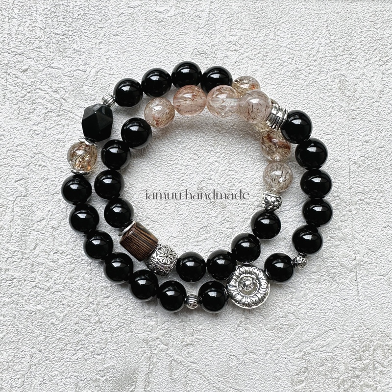 "Fan Hua" New Chinese Style Natural Black Gold Super Seven Crystal Obsidian Original Design Energy Beaded Double Circle Bracelet