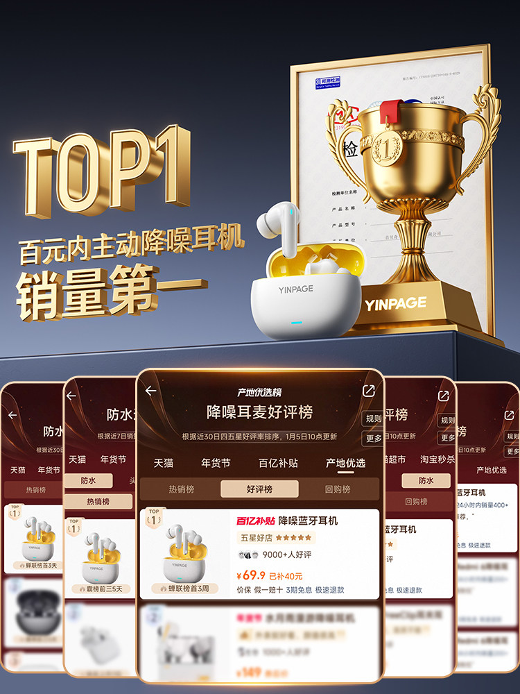 Yinbeiqi Real1Pro Wireless Bluetooth Headphones Active Noise Reduction In-Ear Type 2026 New Model High Sound Quality Long Battery Life