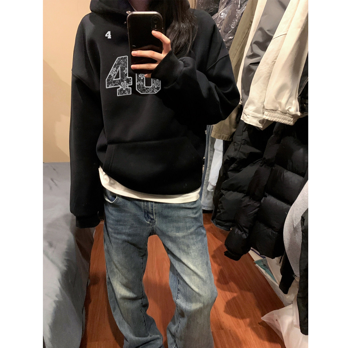 美式复古黑色数字连帽套头卫衣女春秋设计感宽松情侣休闲上衣外套