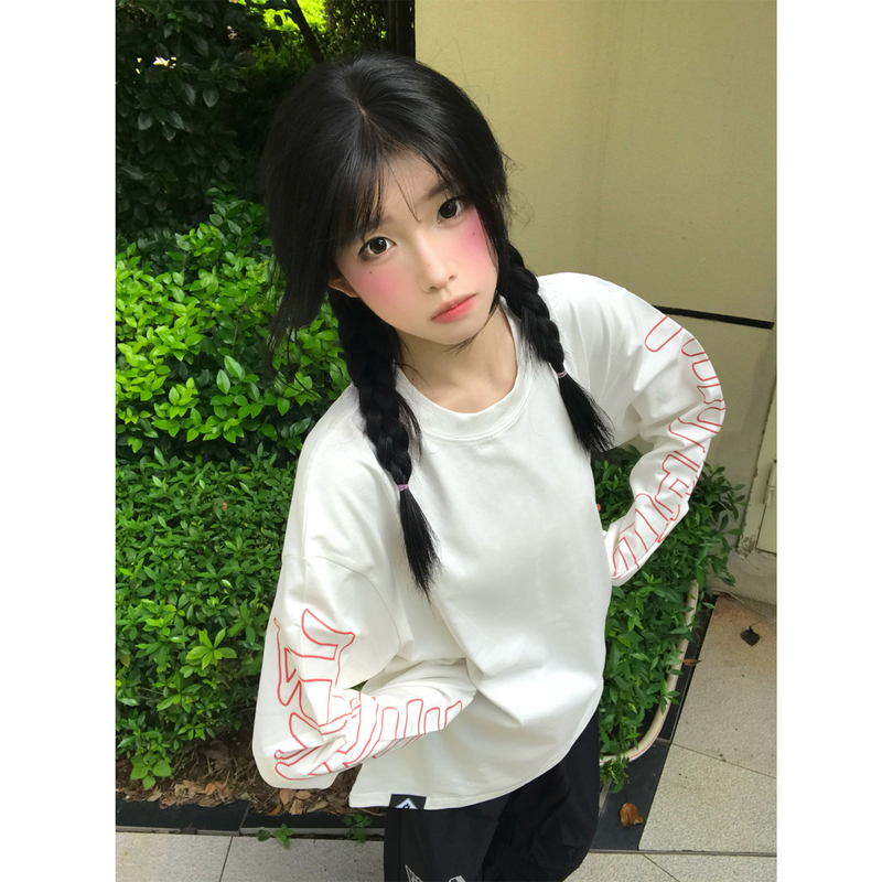 American High Street Style Small Flame Letter Embroidery Long-Sleeve T-Shirt for Women, Spring and Autumn Loose Oversize Couple's Base Shirt