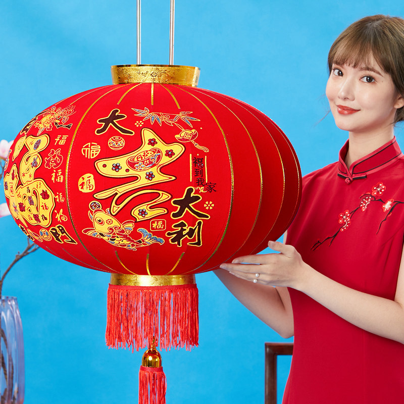 2022 New Year and Spring Festival auspiciousness and blessings, big red lanterns, chandeliers, Chinese style balcony gates, a pair of housewarming