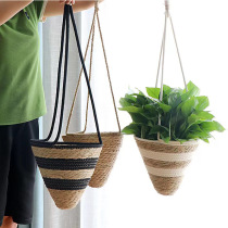 Cross-border straw woven flower basket pastoral style cattail woven hanging basket green plant hanging basket hanging flower pot hand-woven